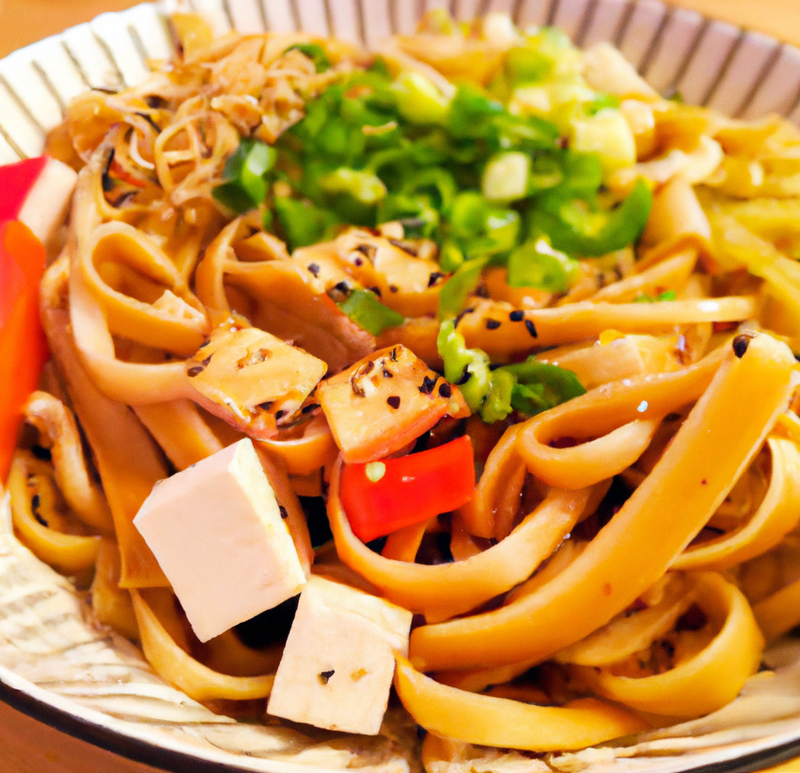 Gebratene Udon-Nudeln mit Gemüse und Tofu